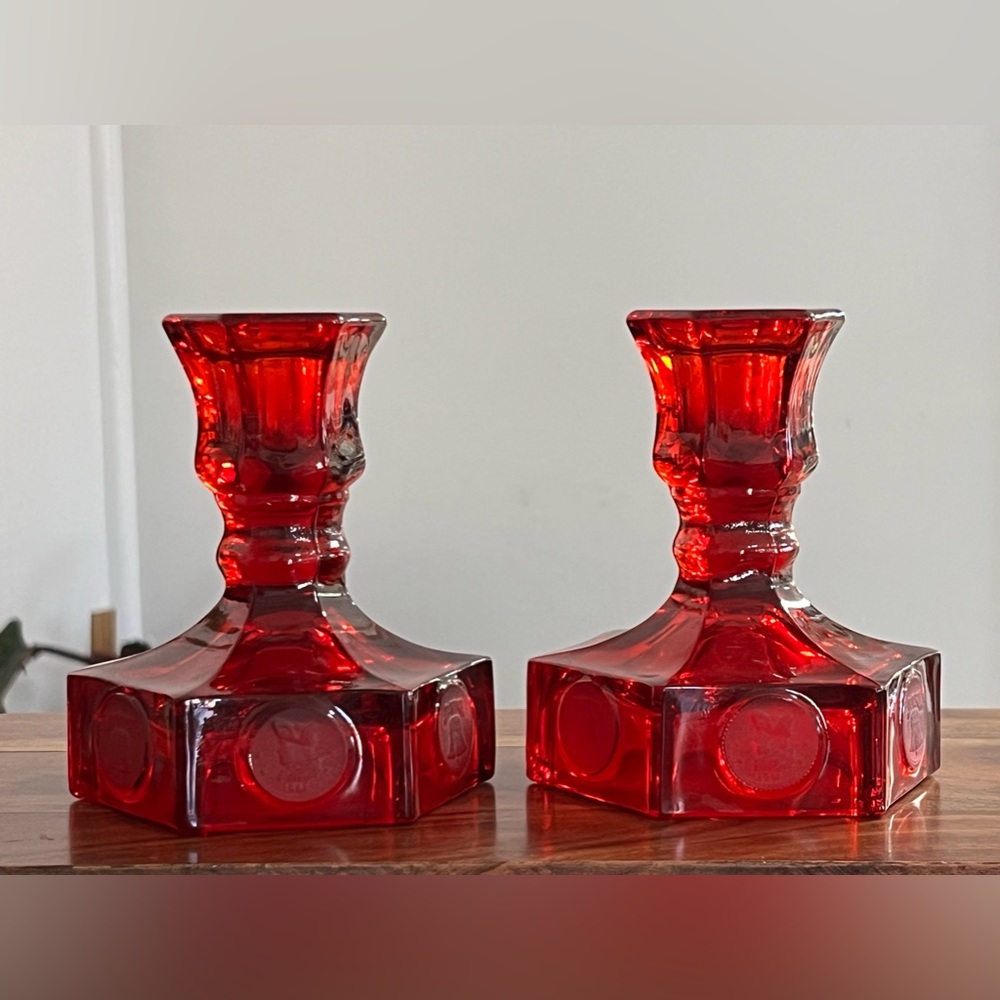 Vintage Fostoria Ruby Red Coin Pattern Glass Candle Holder w/Hexagon Base Pair